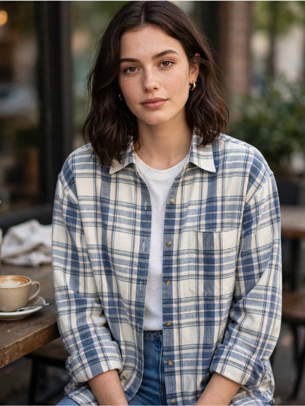 Quizz Woman’s Blue and Cream Plaid Button-Down Shirt